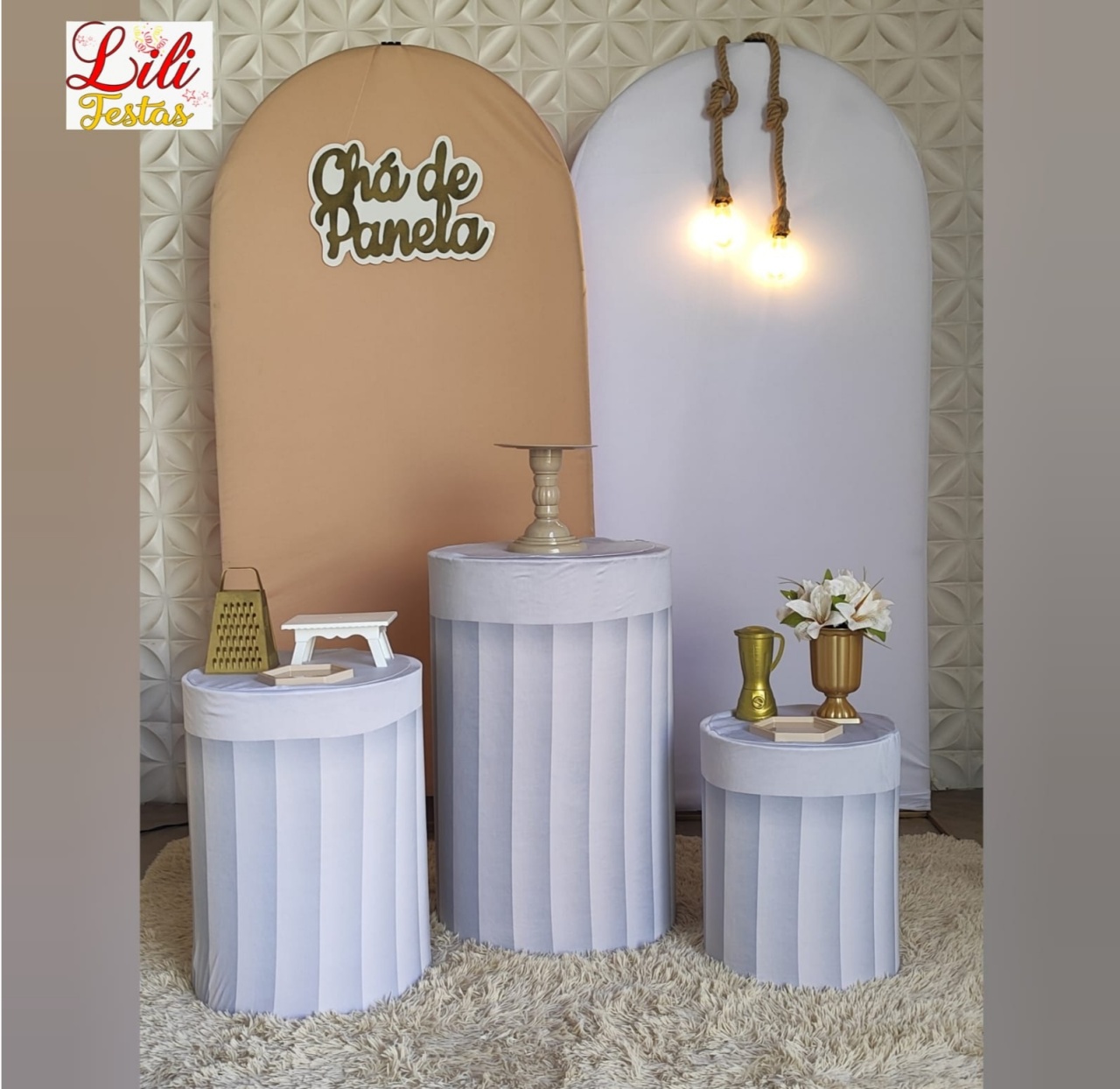 Chá de Panela Branco Cilindros Ripado + Painel Lateral + Corda de Iluminação - LiliFestaspegueemonte