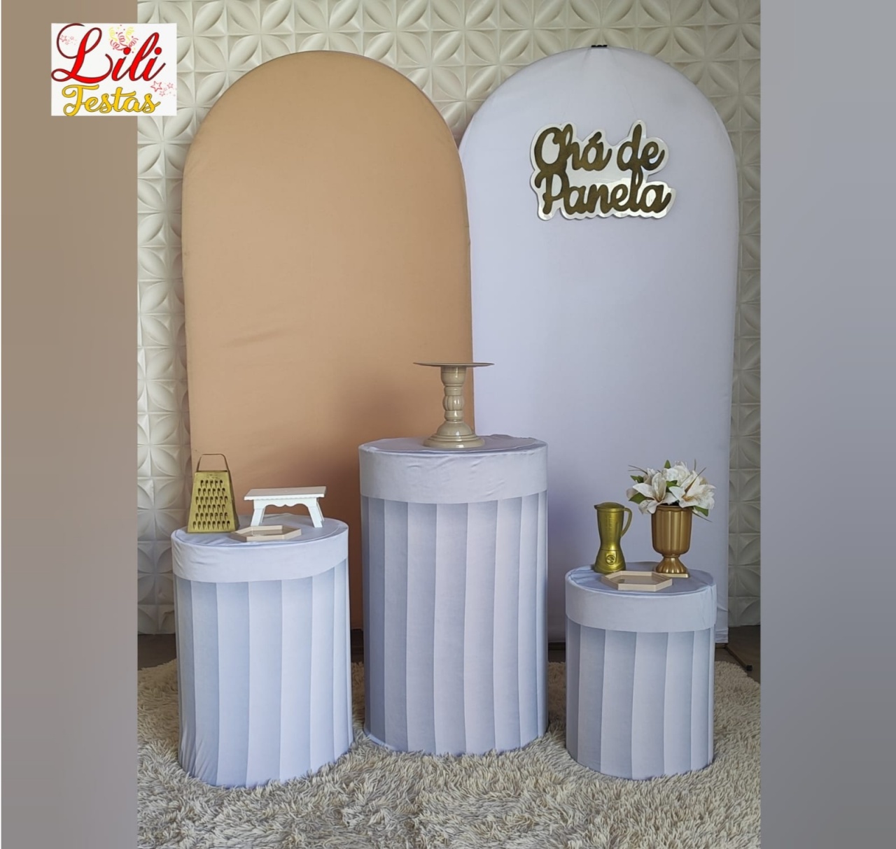 Chá de Panela Branco Cilindros Ripado + Painel Lateral - LiliFestaspegueemonte