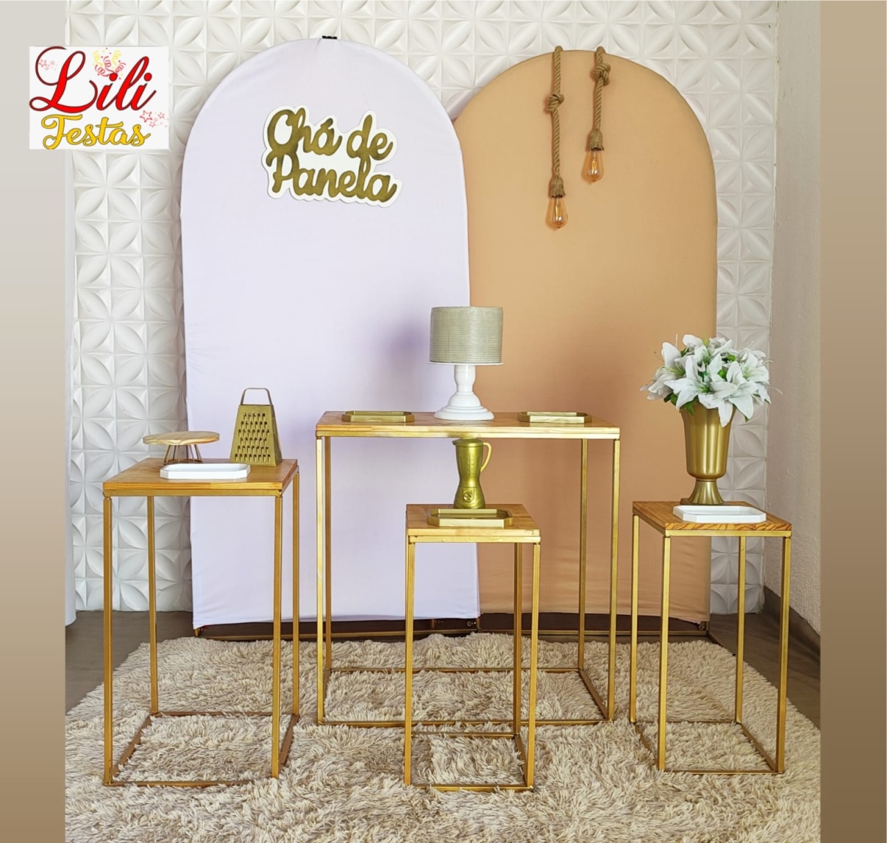 Chá de Panela Nude Duplo + Conj Mesas Ferro+ Corda de Iluminação - LiliFestaspegueemonte