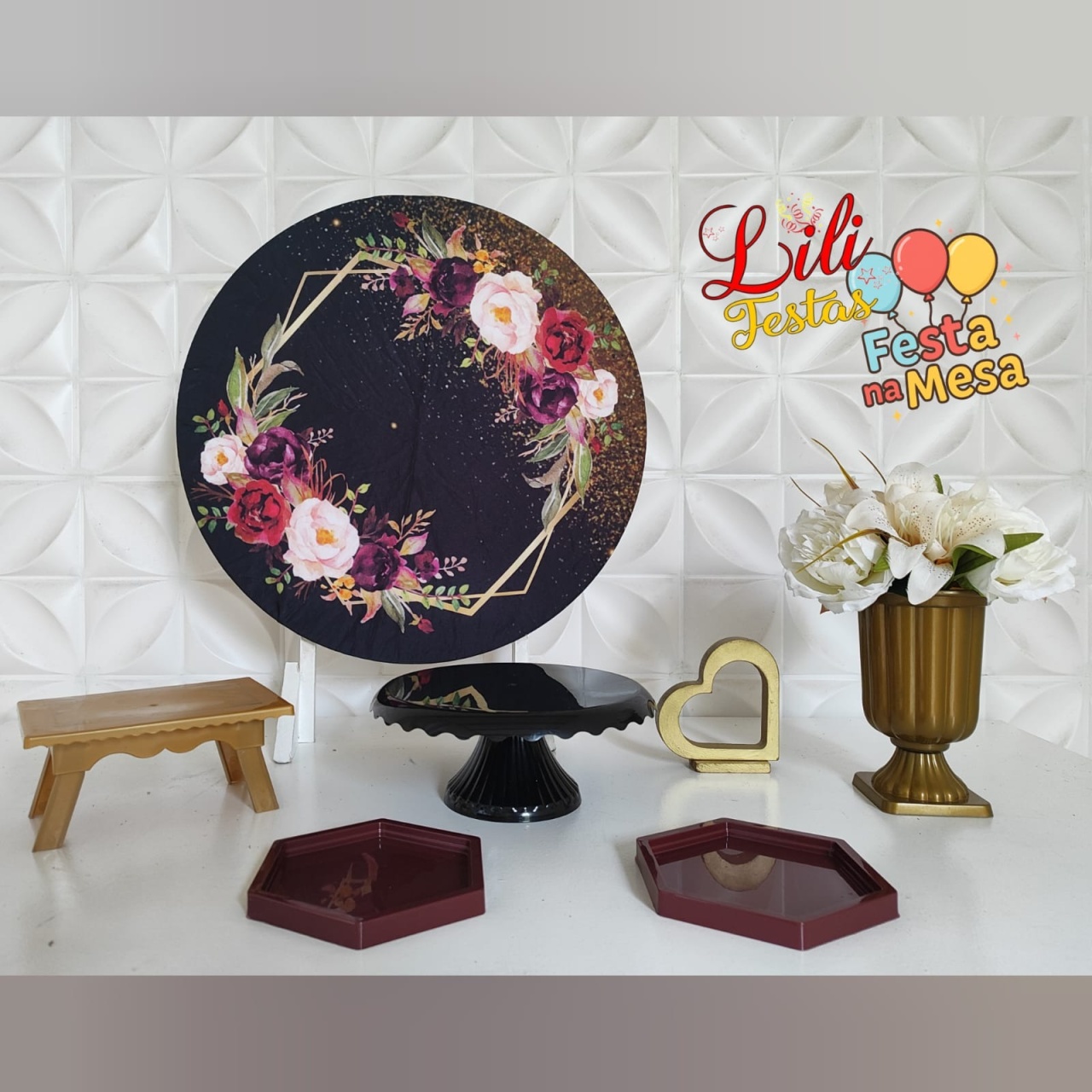 Floral Vinho E Preto - Festa Na Mesa   - LiliFestaspegueemonte