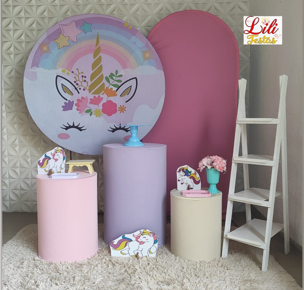 Unicórnio + Painel Lateral + Escada - LiliFestaspegueemonte