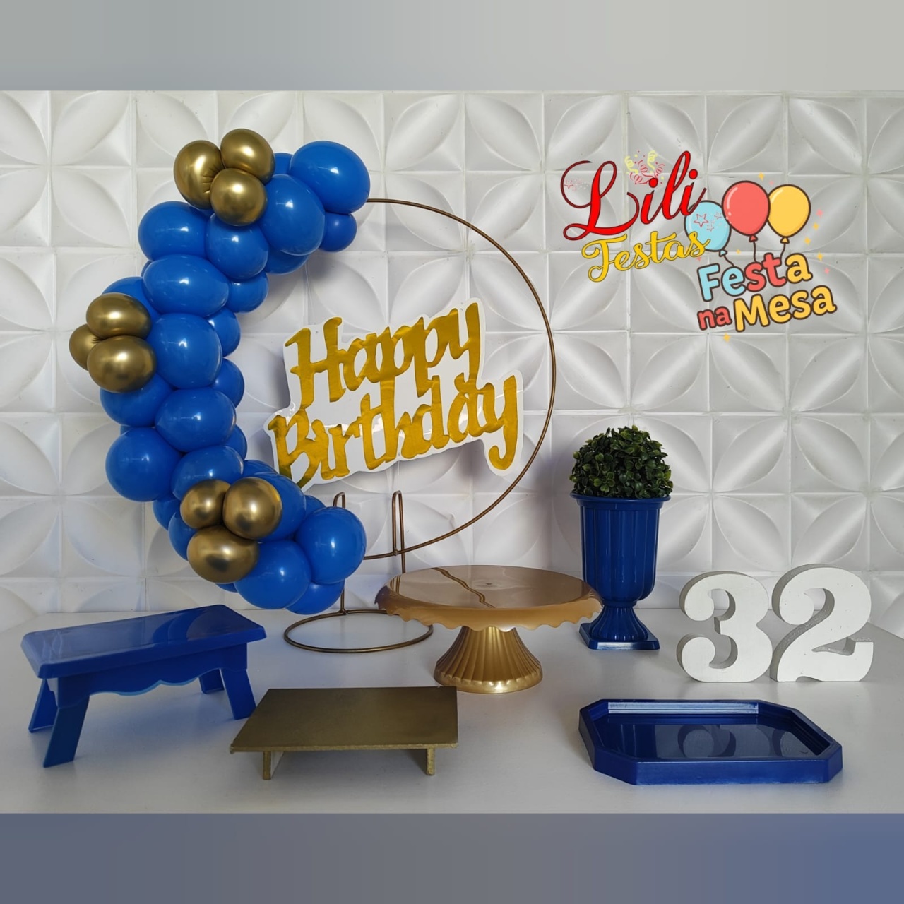 Happy Azul Royal E Dourado Placa- Festa Na Mesa  - LiliFestaspegueemonte