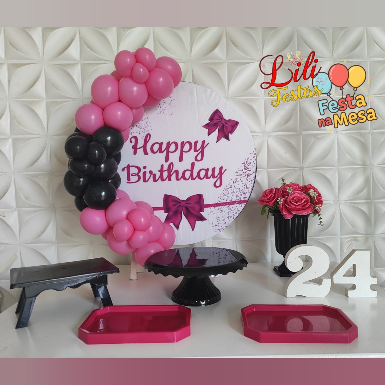Happy Laços Rosa - Festa Na Mesa   - LiliFestaspegueemonte