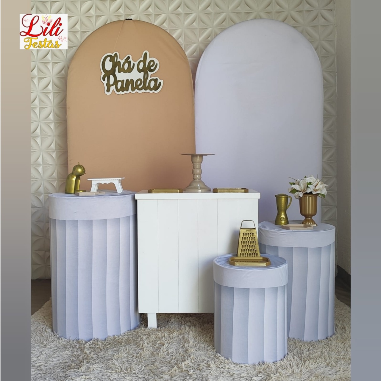 Chá de Panela Branco Cilindros Ripado + Painel Lateral + Comoda - LiliFestaspegueemonte