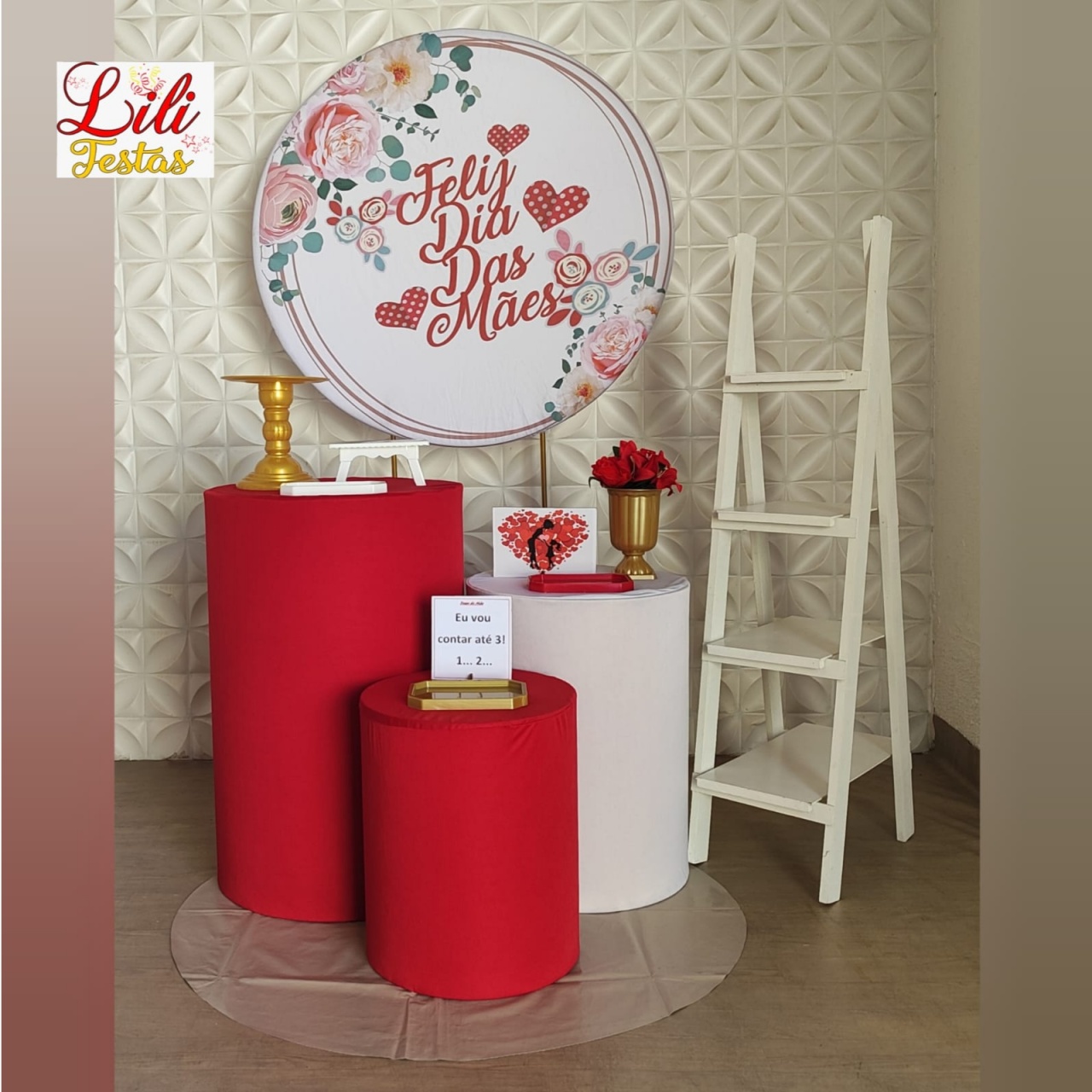 Dia das Mães Vermelho Cilindros + Escada - Composição - LiliFestaspegueemonte