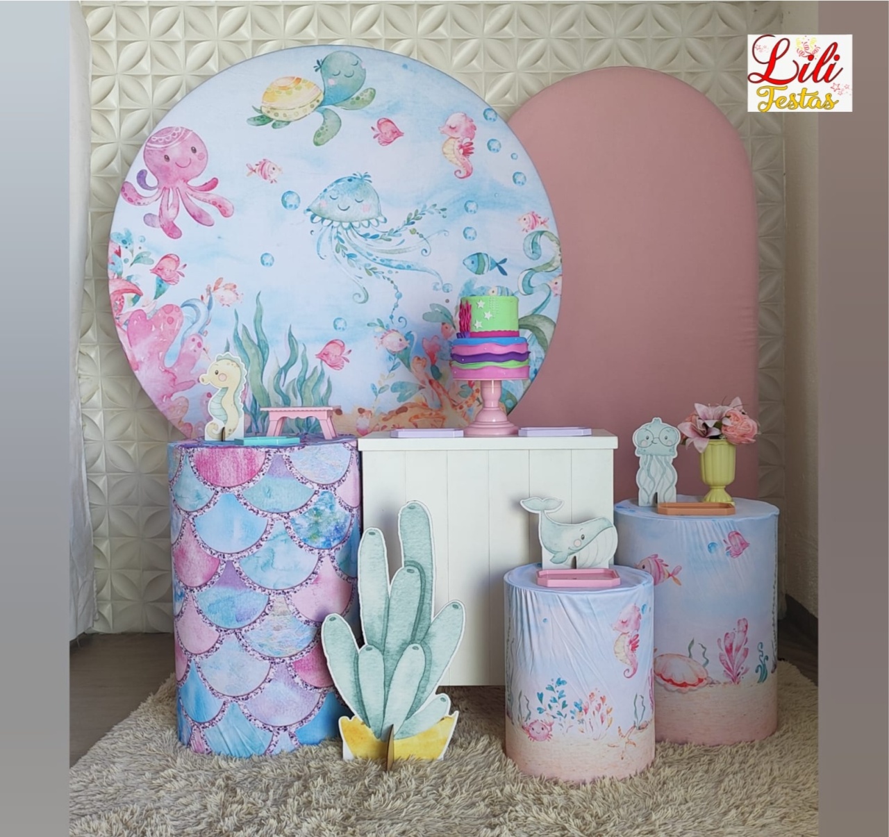 Kit Fundo Do Mar Rosa + Cômoda + Romano - LiliFestaspegueemonte