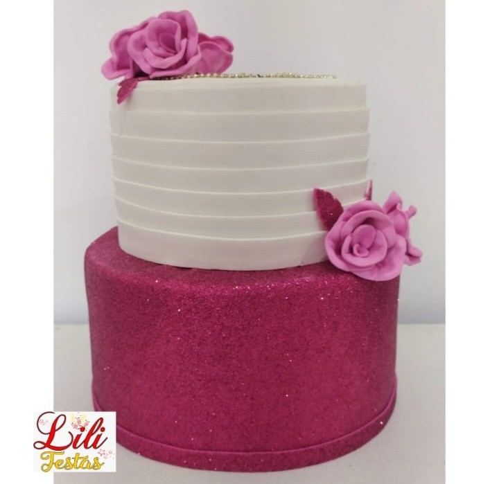 Bolo Fake Pink Glitter C/Branco - LiliFestaspegueemonte