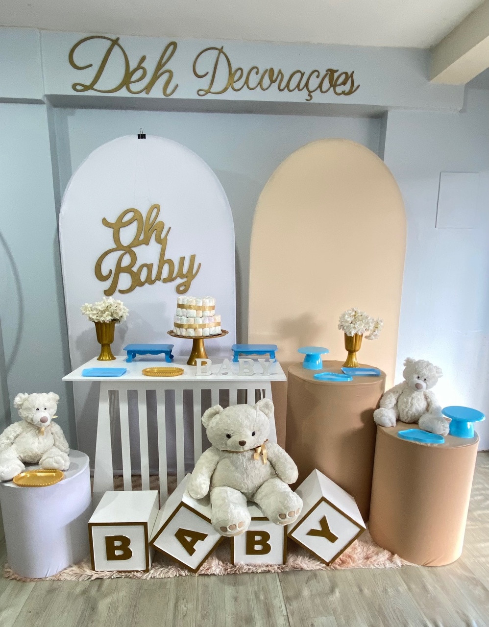 Chá de Bebê Azul Com Dourado (Kit 4) - Déh Decorações 