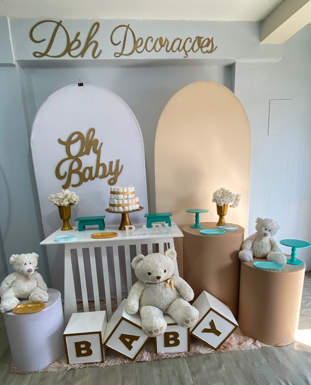 Chá de Bebê Verde-Água E Dourado (Kit 4) - Déh Decorações 