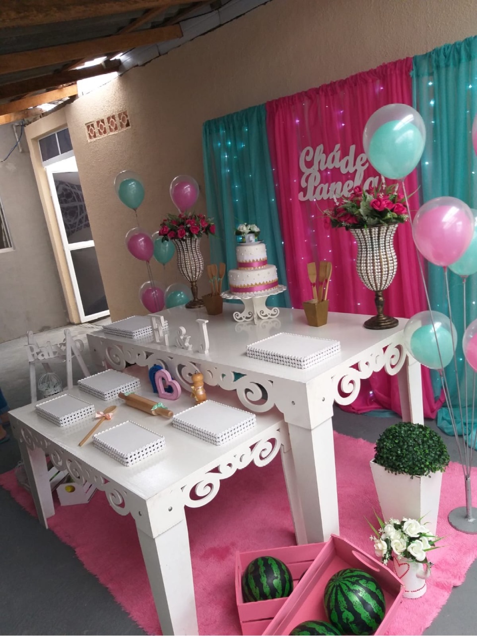 Chá de Panela Rosa E Verde Água  - Déh Decorações 