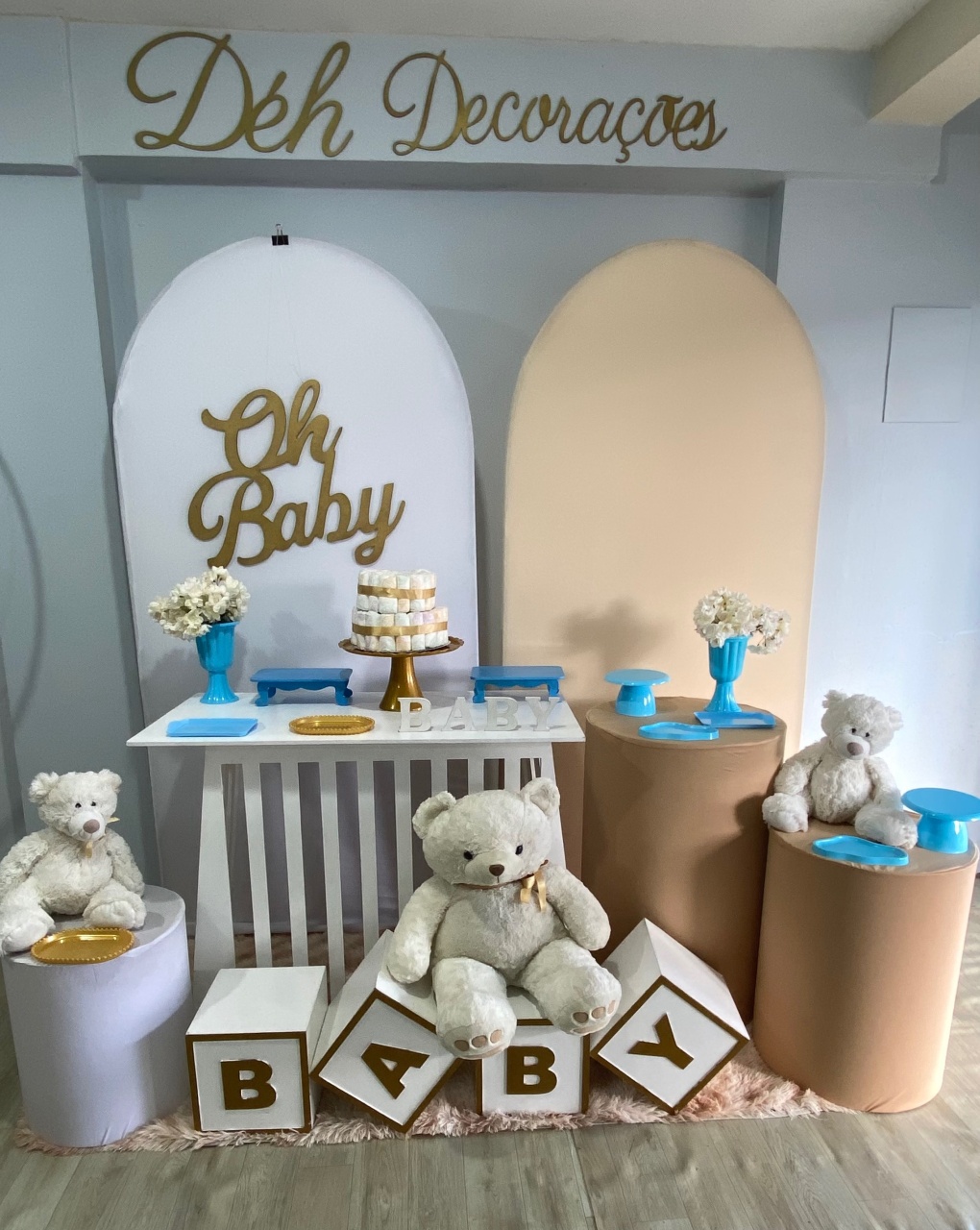 Chá de Bebê Azul E Dourado (Kit 4) - Déh Decorações 