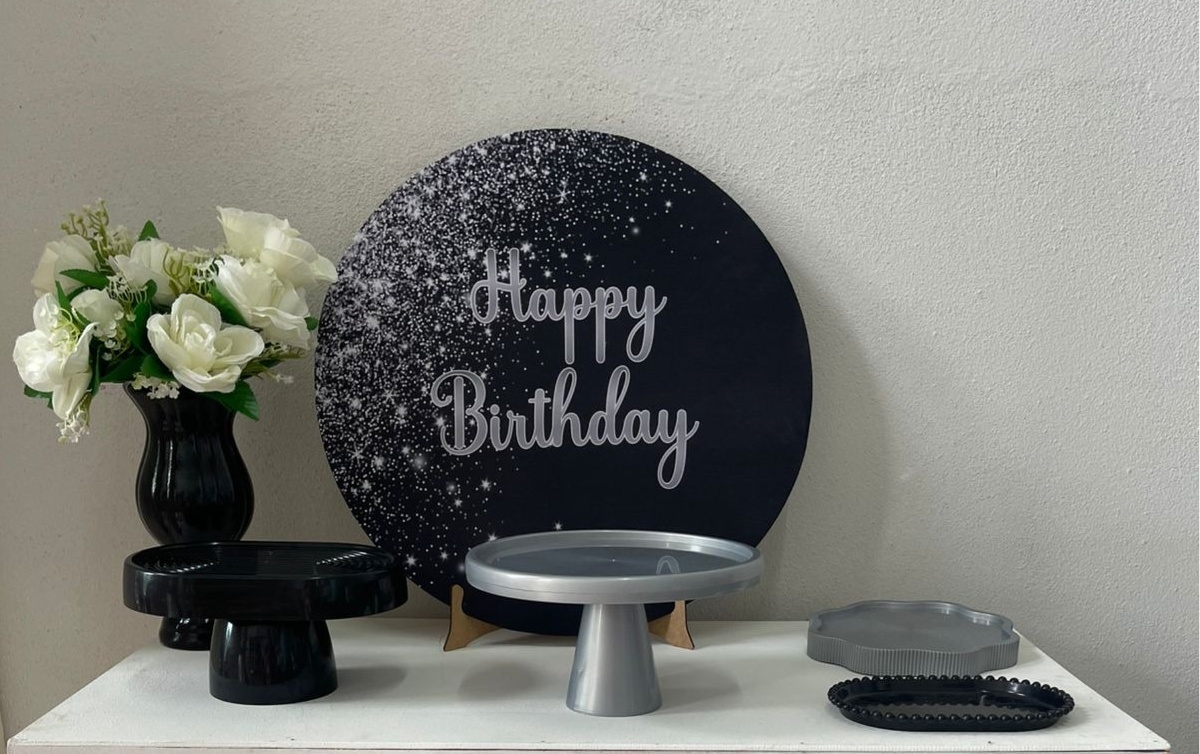 Kit Mesa Happy Birthday Preto Com Prata - labeladecor