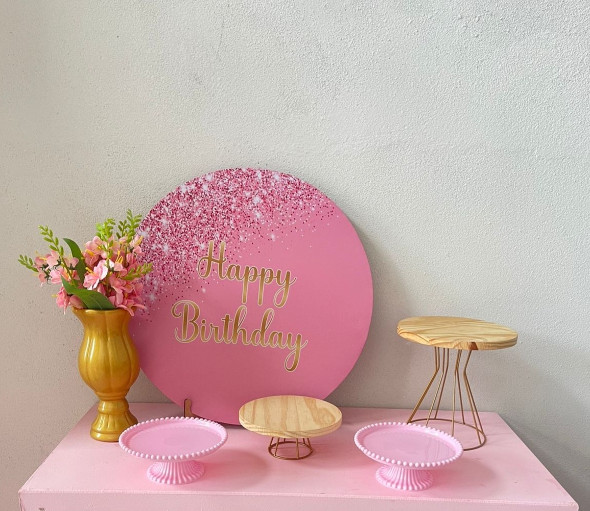 Kit Mesa Happy Rosa Com Dourado Sem Mesa  - labeladecor