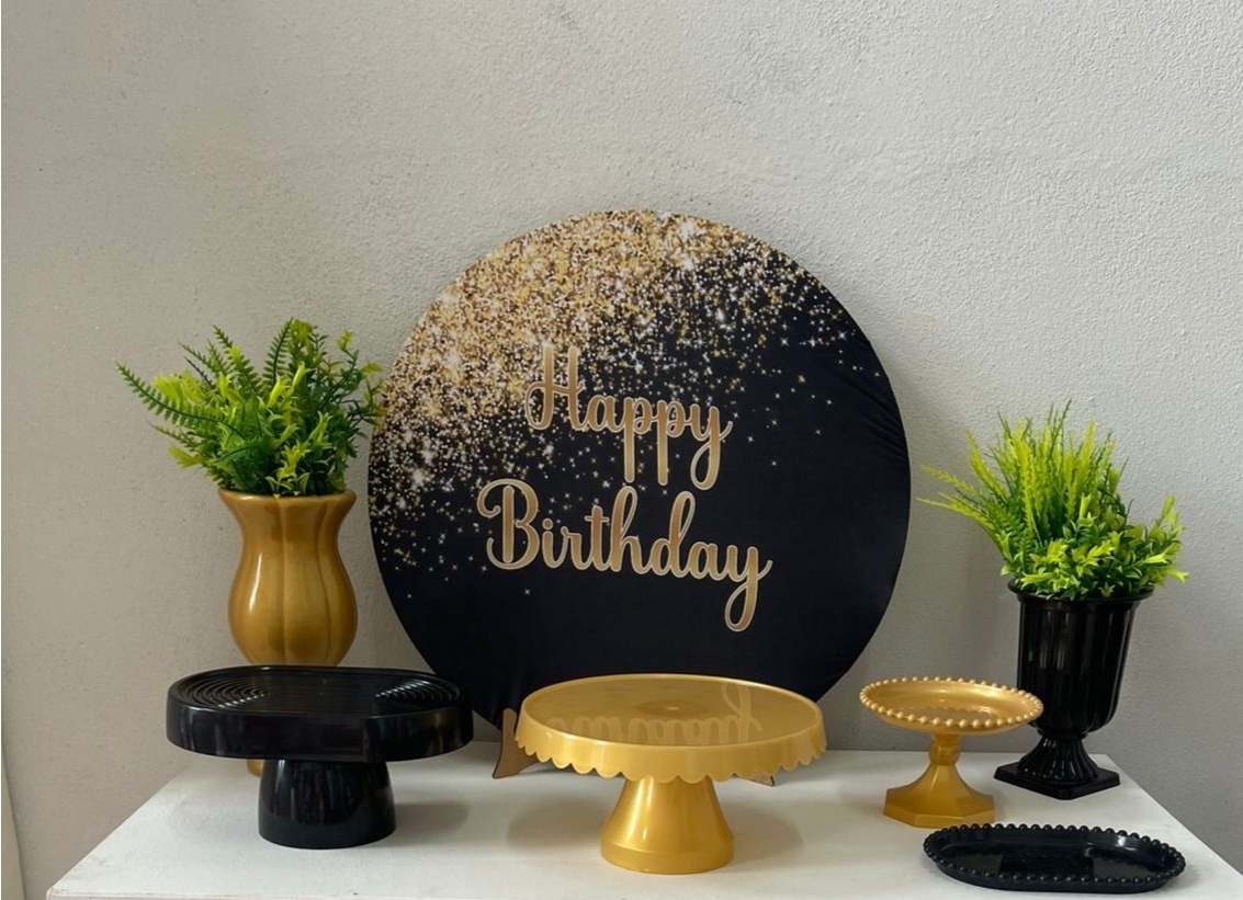 Kit Mesa Happy Birthday Preto Com Dourado Com Balão - labeladecor