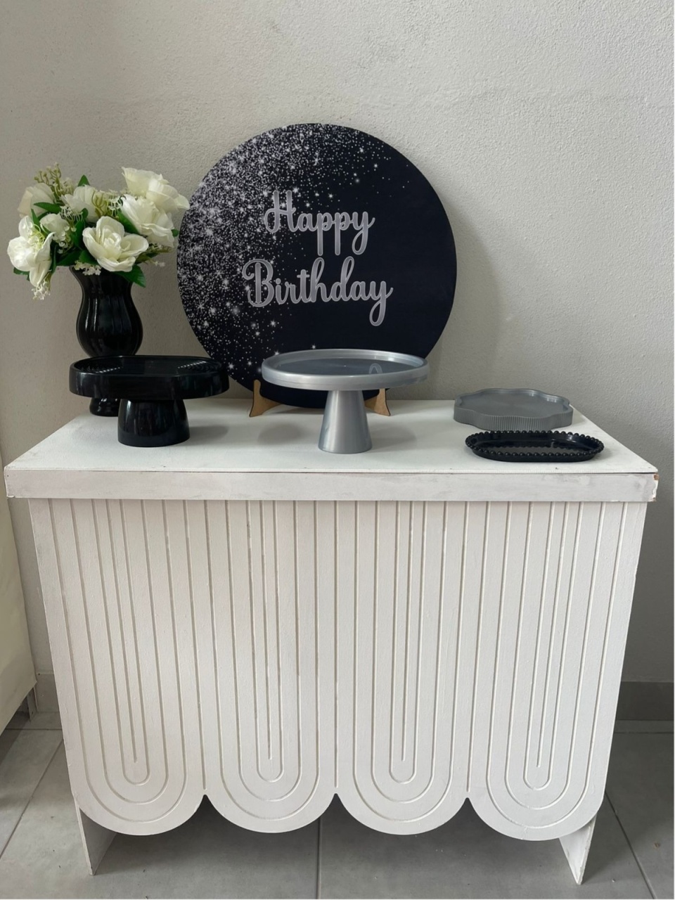 Kit Mesa Happy Birthday Preto Com Prata Com Mesa - labeladecor