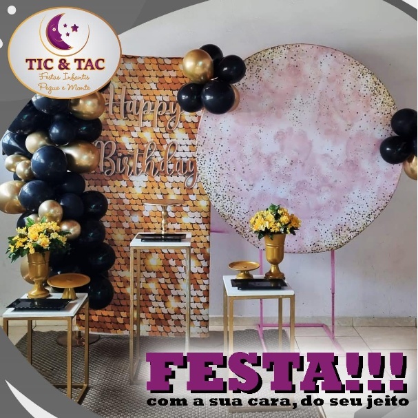 Happy Birthday Dourado E Preto - PEGUE E MONTE CLOTILDE ALBA