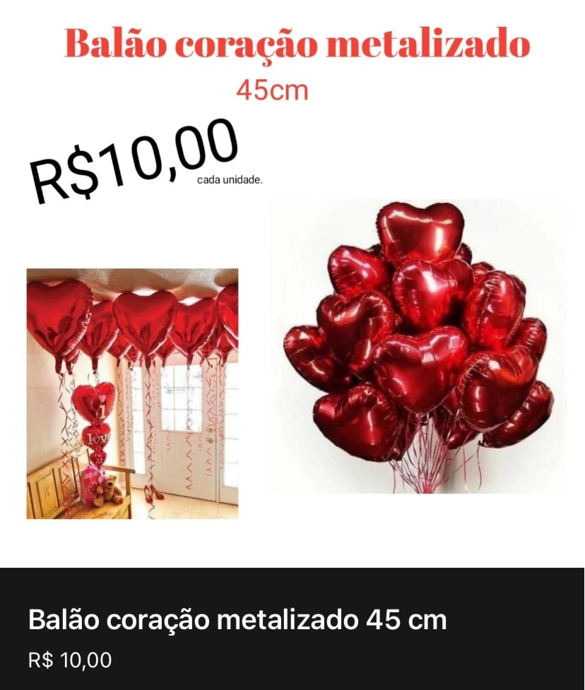 Balão Coração Metálico Vermelho 45Cm - MN Decorações 