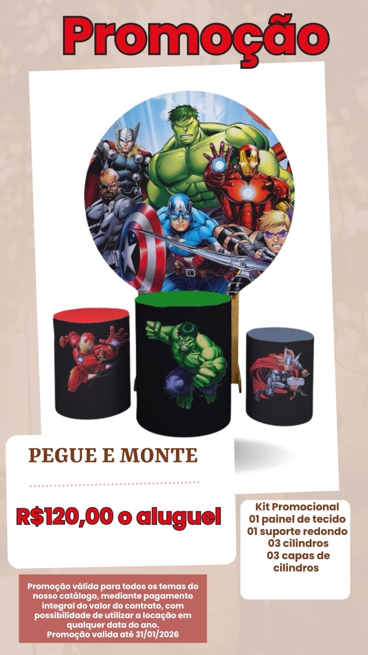 Kit Promocional  01 Painel de Tecido  01 Suporte Redondo  03 Cilindros 03 Capas de Cilindros   - MN Decorações 