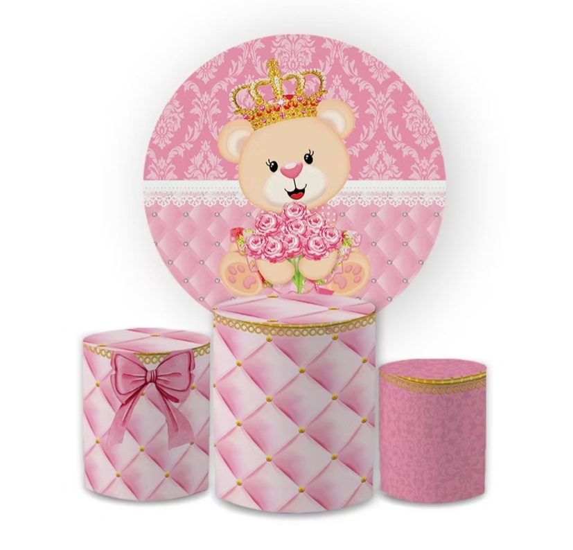 Ursinha Princesa It Promocional Poderoso Chefinho Itens Inclusos: 01 Painel de Tecido 1,50M de Diâmetro 01 Suporte Redondo 03 Cilindros 03 Capas de Cilindro de Tecido - MN Decorações 