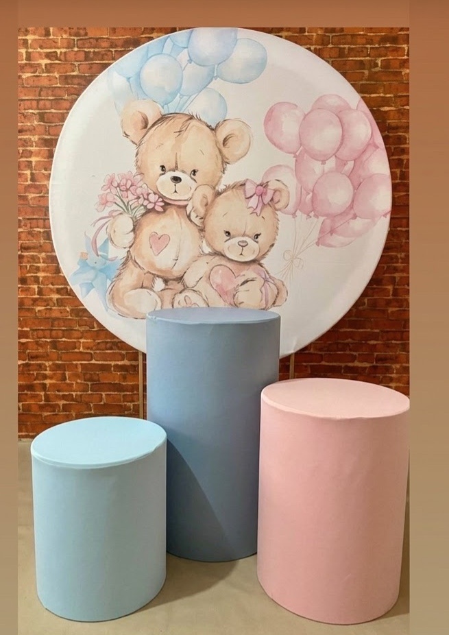 Kit Chá Revelação Suporte+ Painel Tecido + 03 Cilindros Com Capas - MN Decorações 