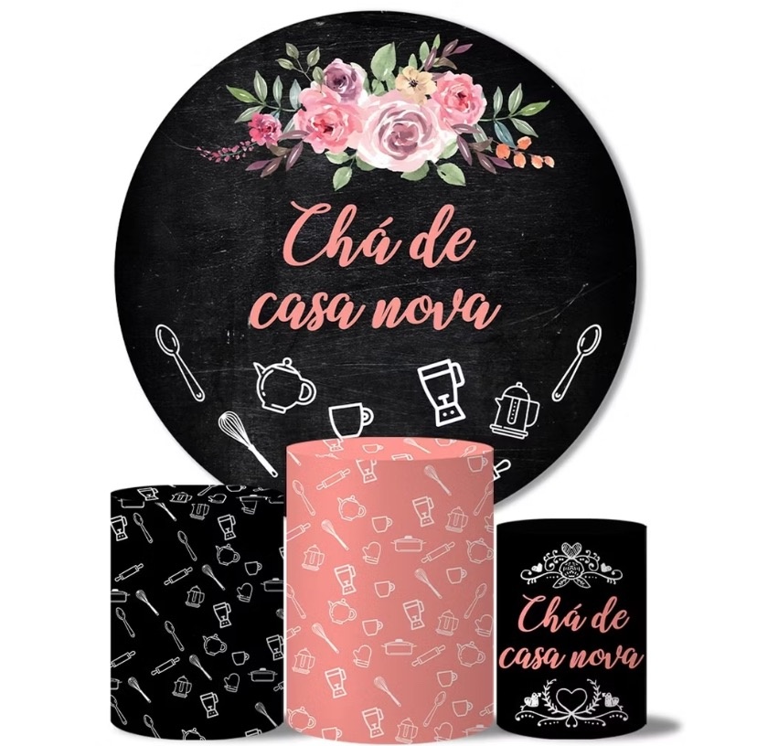 Painel de Tecido Chá de Casa Nova + Suporte Redondo + 03 Cilindros + 03 Capas de Cilindro  - MN Decorações 
