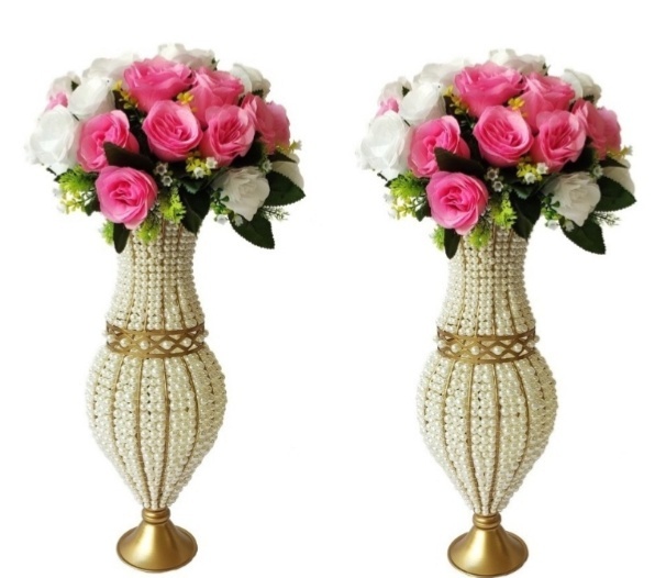 Kit 2 Unidades de Vaso de Pedrarias Pérolas Losango 45Cm Luxo Acompanha Flores - MN Decorações 
