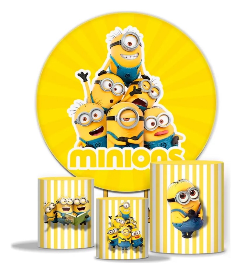 Painel Tecido+ Suporte + 03 Cilindros Com Capa Minions - MN Decorações 