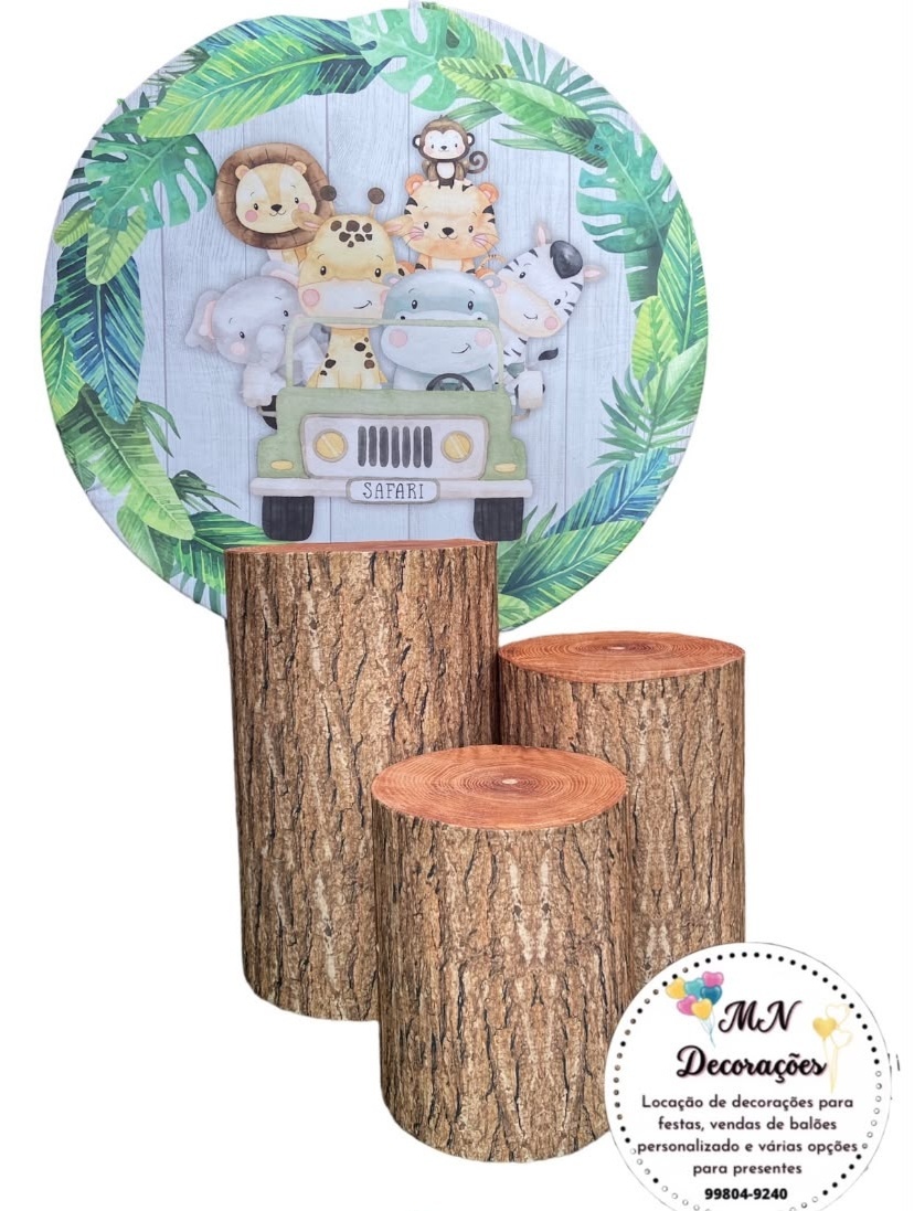 Kit Safari 01 Suporte+ Painel Tecido + 03 Cilindros Com Capas - MN Decorações 