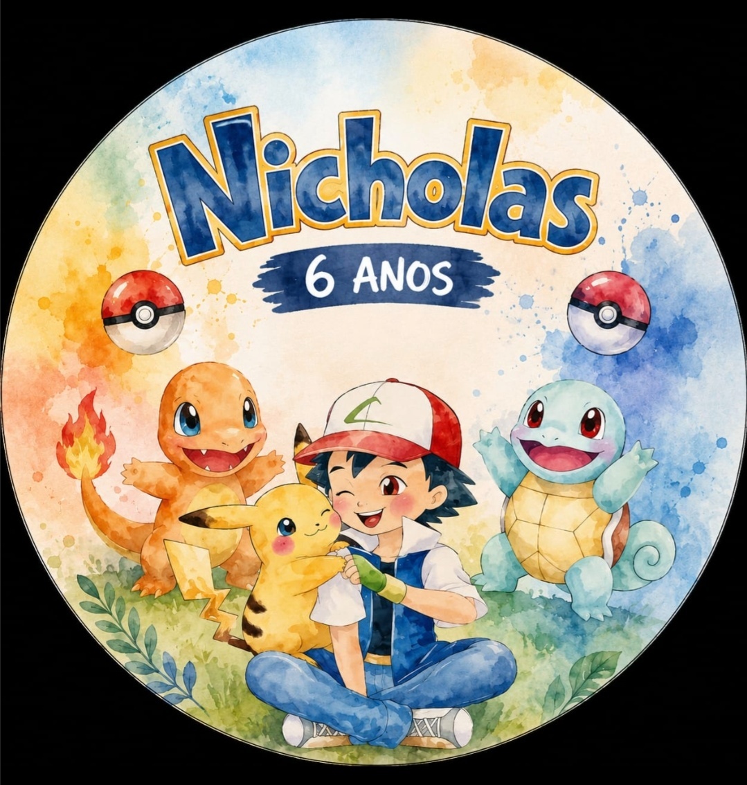 Painel Redondo Pokemon Aquarelado 50Cm - MV festa