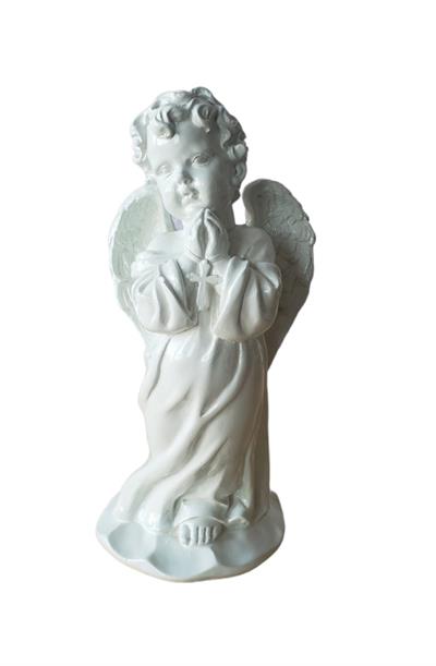 Anjo Com Terço Branco Louça Em Pé - DecorFest