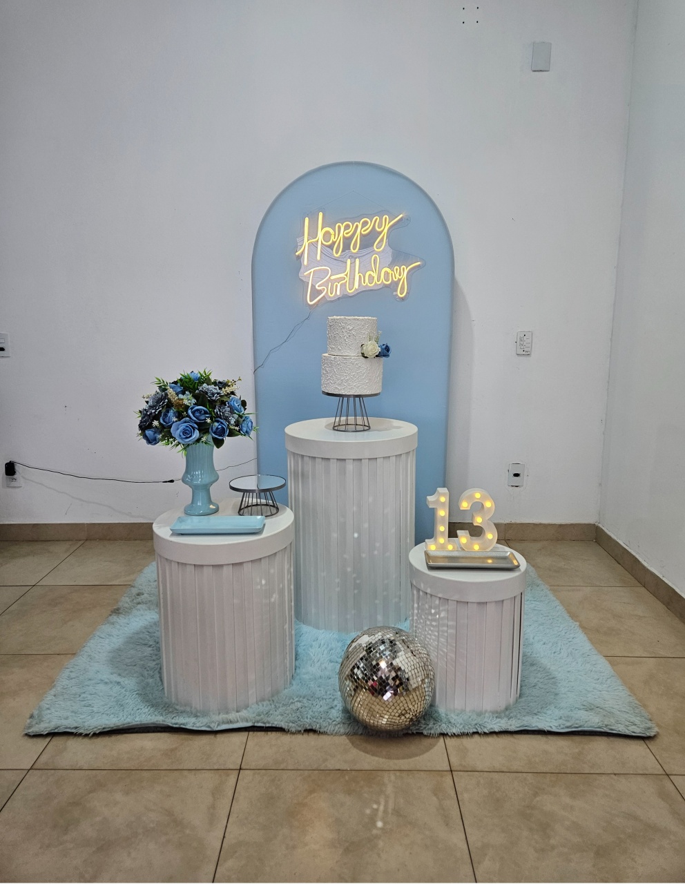 Kit - Azul Cilindros Ripados Com Luminoso - DecorFest