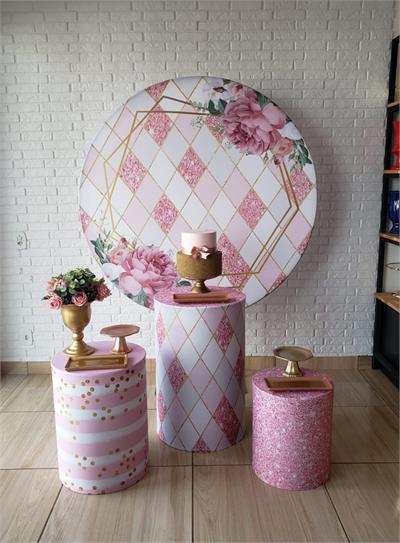 Kit Festa Facil P - Adulto - Flor Rosa E Dourado - DecorFest