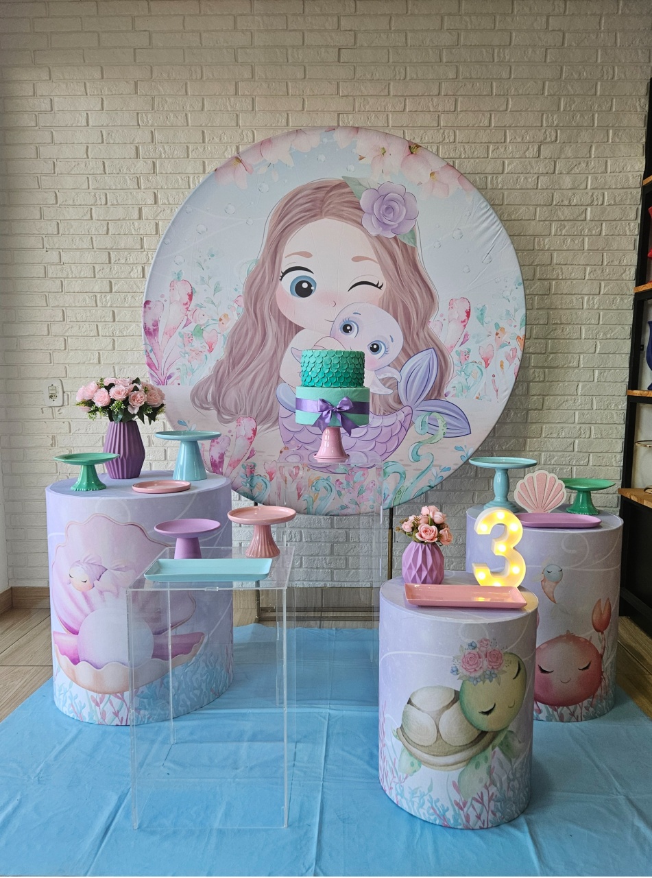 Kit Festa Facil M - Sereia Cute Tapete Azul - DecorFest