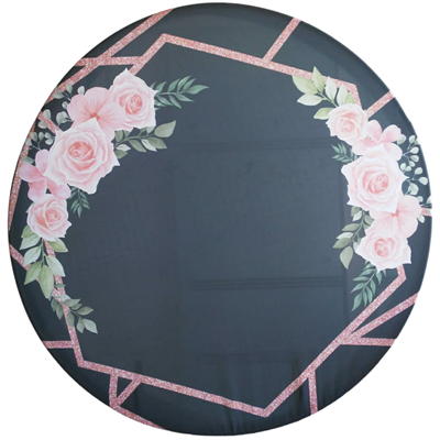 Painel Redondo Preto Com Flor Rosa - DecorFest