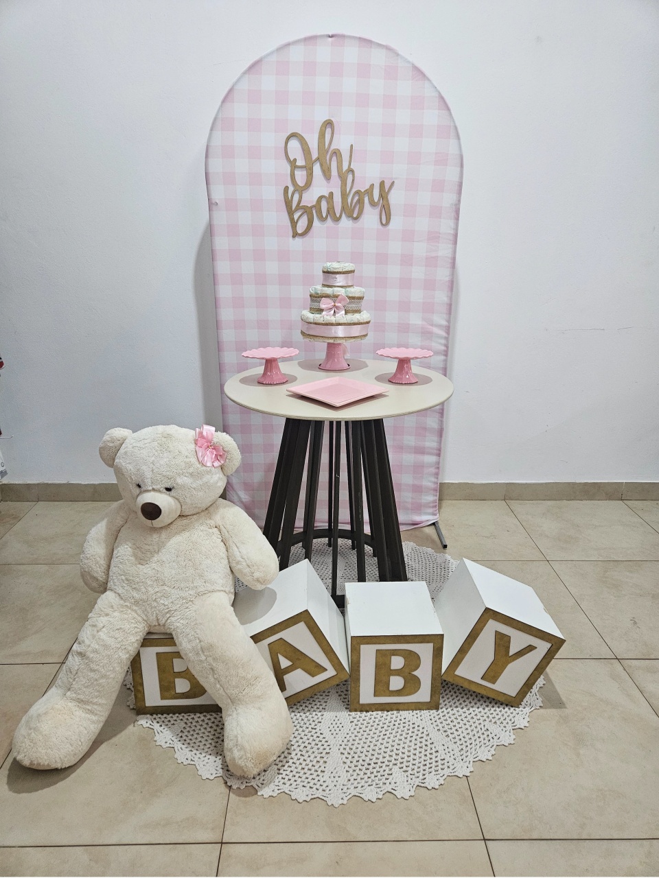 Kit Chá de Bebê P - Rosa Candy Xadrez - DecorFest