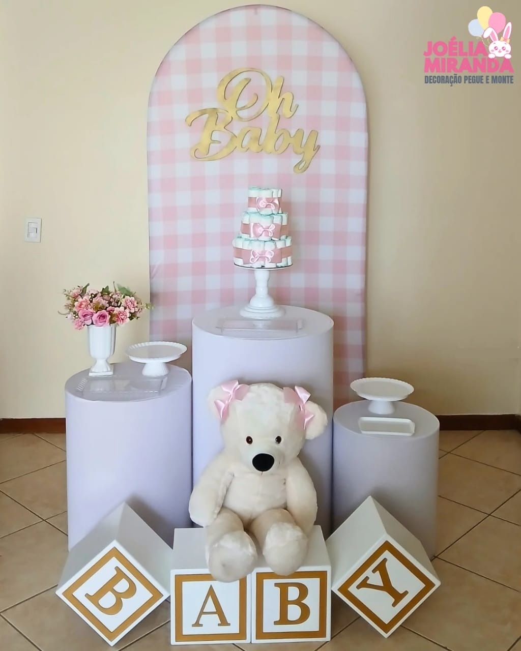 Cb0009 - Chá de Bebê Xadrez Rosa - JoéliaMirandaDecora
