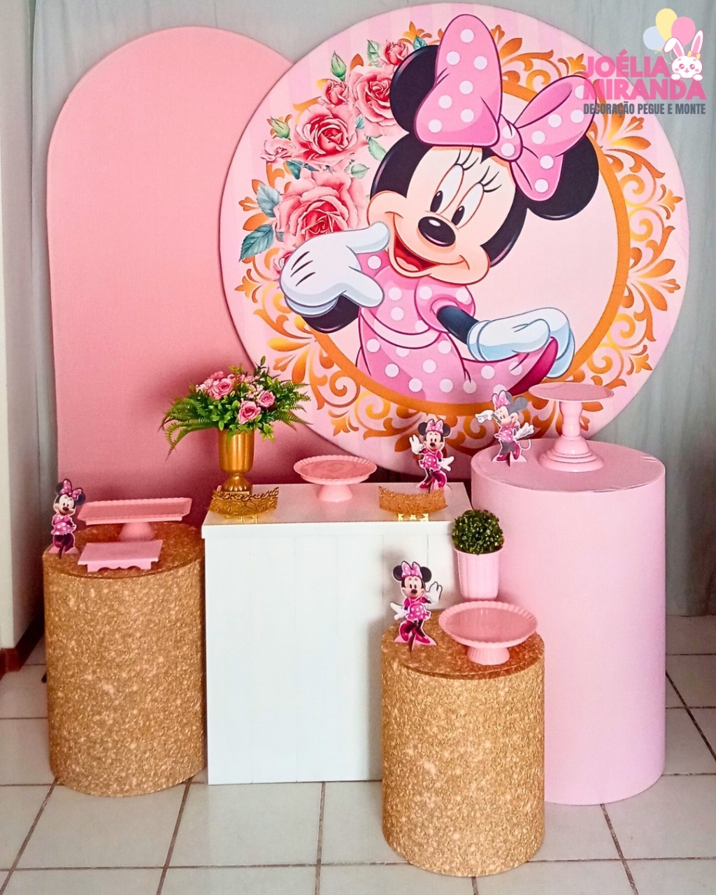 G0006-0042- 6 - Kit Diamante Minnie Rosa - Glitter Dourado - JoéliaMirandaDecora