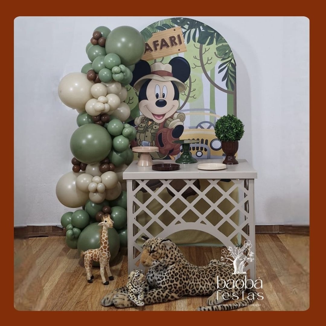 Composição - Mickey Safari - Mesa Triliça - Sem Balões - Com Pelúcias - Baobafestas