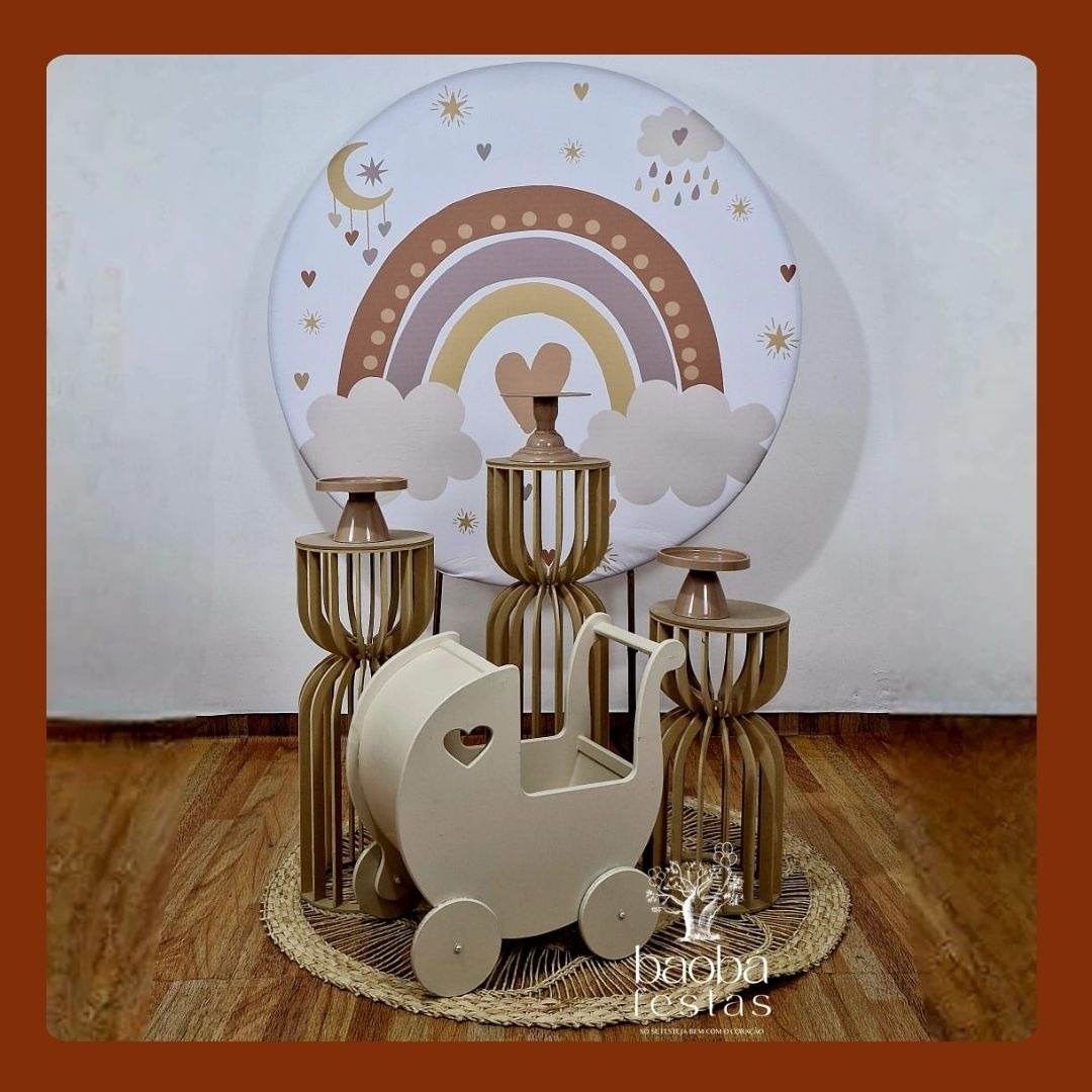 Arco Iris Boho (59)- Composição Trio de Ampulhetas + Carrinho de Bebê - Baobafestas