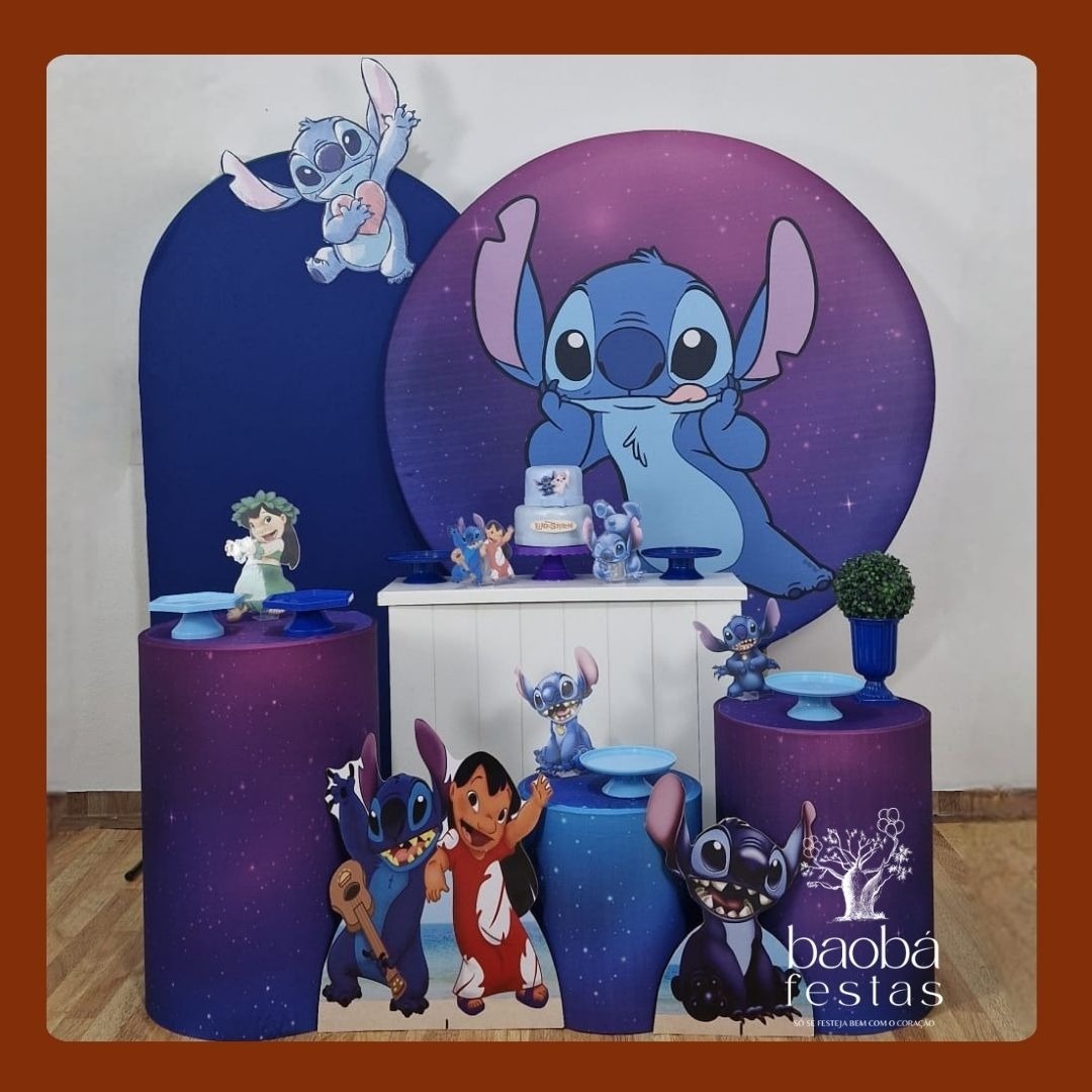 Kit Luxo - Stitch Azul + 3 Totens de Chão Com Lilo  - Baobafestas