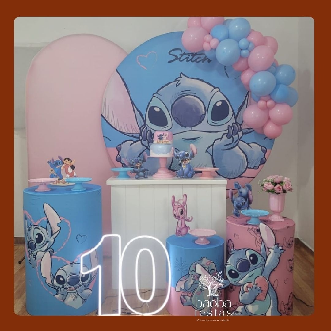 Kit Luxo - Stitch Rosa - Sem Balões (P), Sem Totem de Chão, Sem Idade Em  Led - Baobafestas