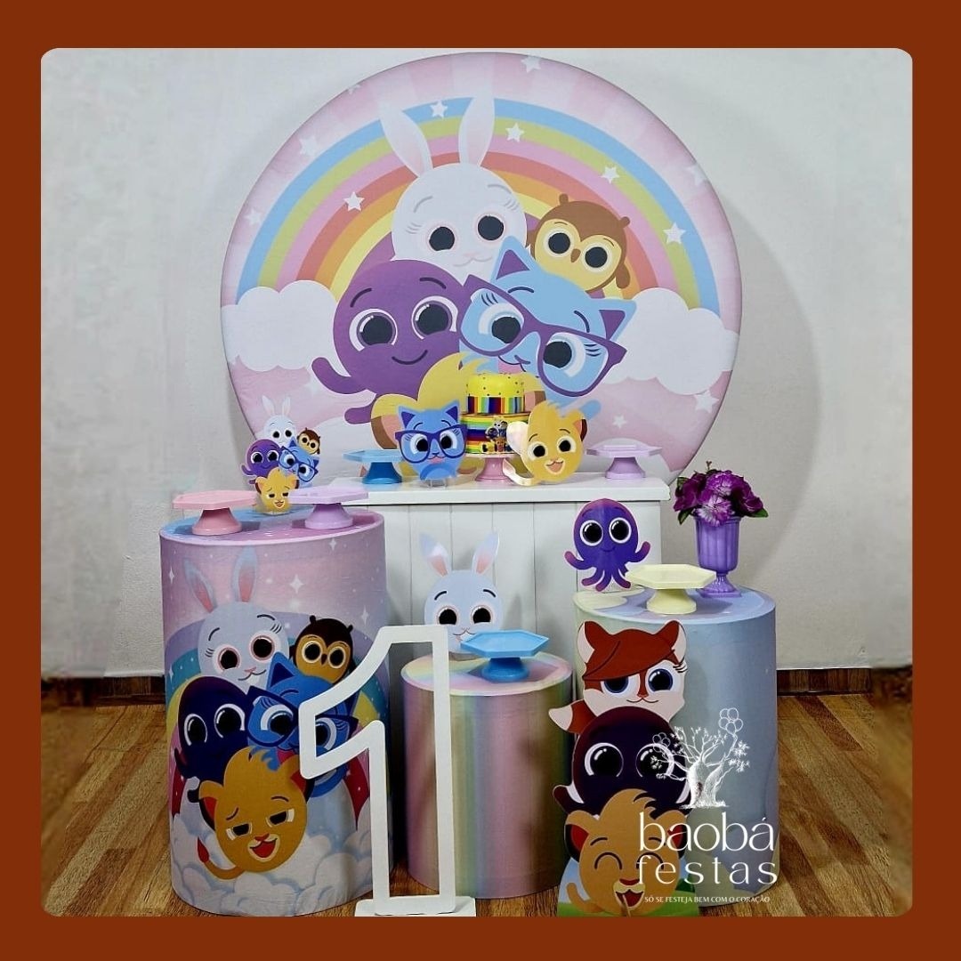 Kit Diamante Bolo Fofos Rosa + Totem de Chão +Idade Em Mdf - Baobafestas