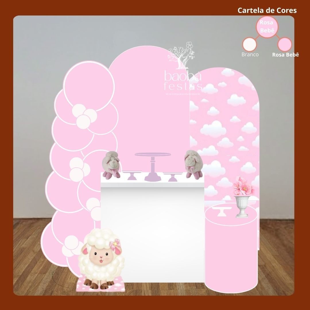 Projeto Personalizado - Composição Ovelhinha Rosa Com Painel Nuvem (Sem Balões) - Baobafestas