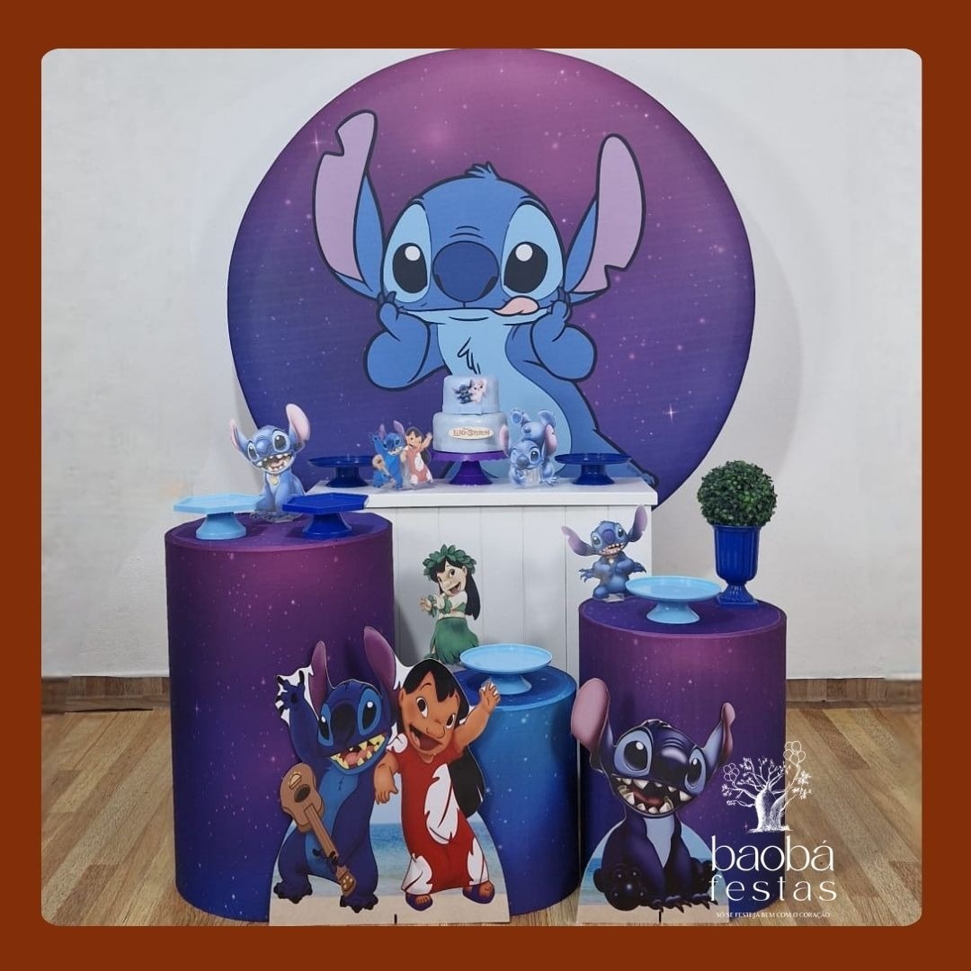 Kit Diamante - Stitch Azul + 2 Totens de Chão - Baobafestas