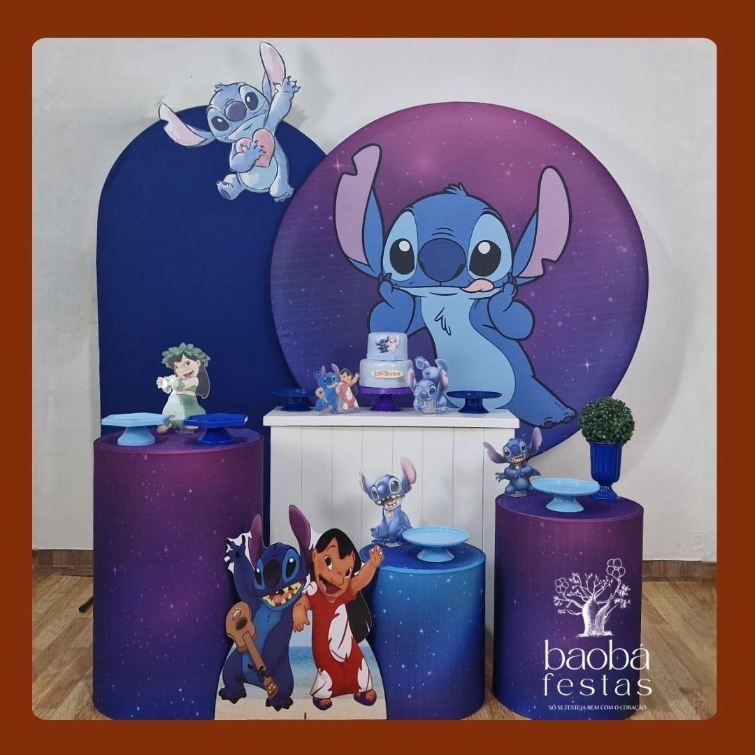 Kit Luxo - Stitch Azul + 2 Totens de Chão Com Lilo - Baobafestas