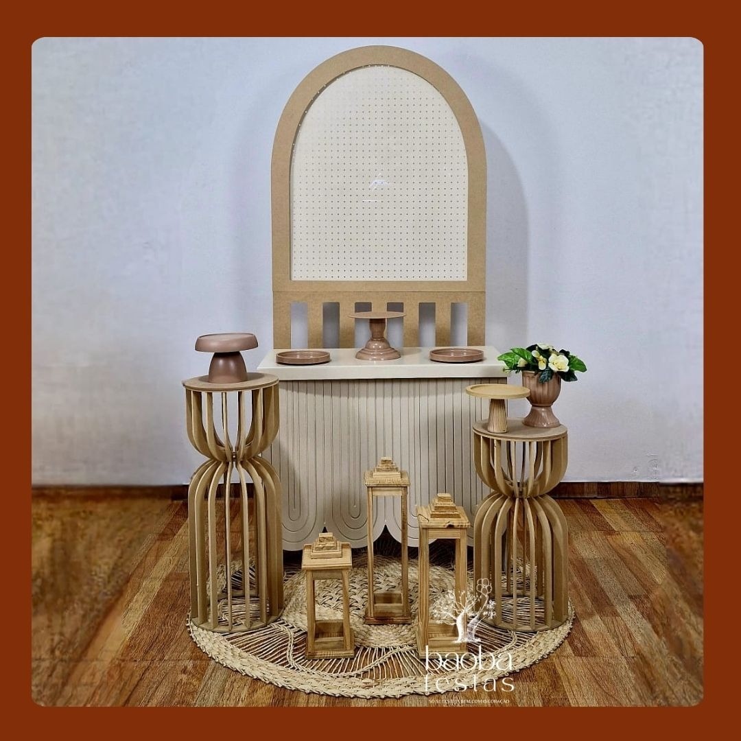Composição - Mesa Boho - Painel 2X1 Ripado Mdf + Lamparinas   - Baobafestas