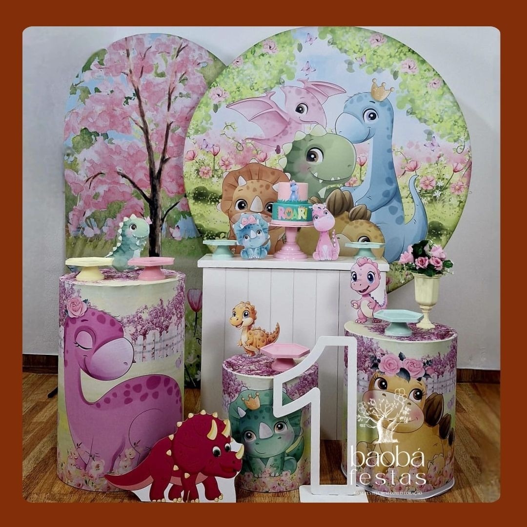 Dino Baby Rosa (+ Totem de Chão + Idade Em Mdf) - Kit Luxo - Baobafestas