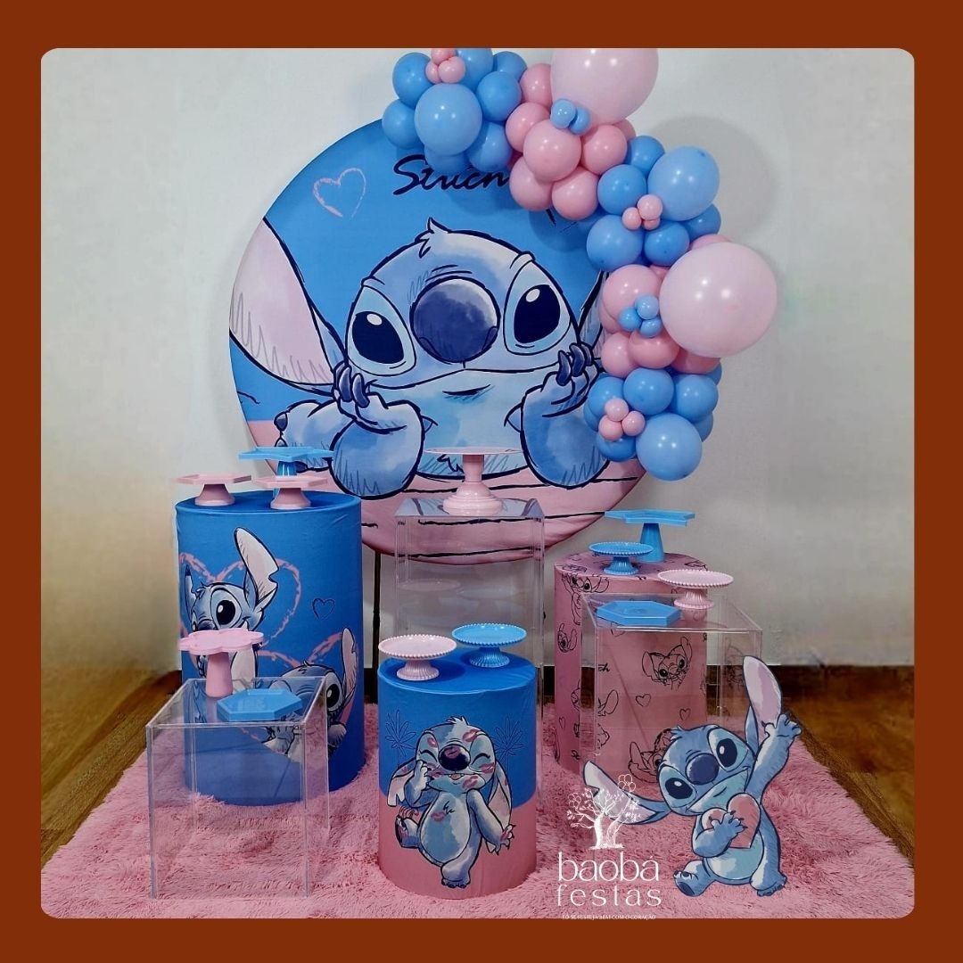 Stitch Rosa - Composição 3 Cilindros + 3 Acrilicos - Baobafestas