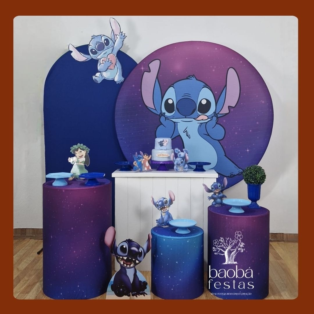 Kit Luxo - Stitch Azul + 2 Totens de Chão  - Baobafestas
