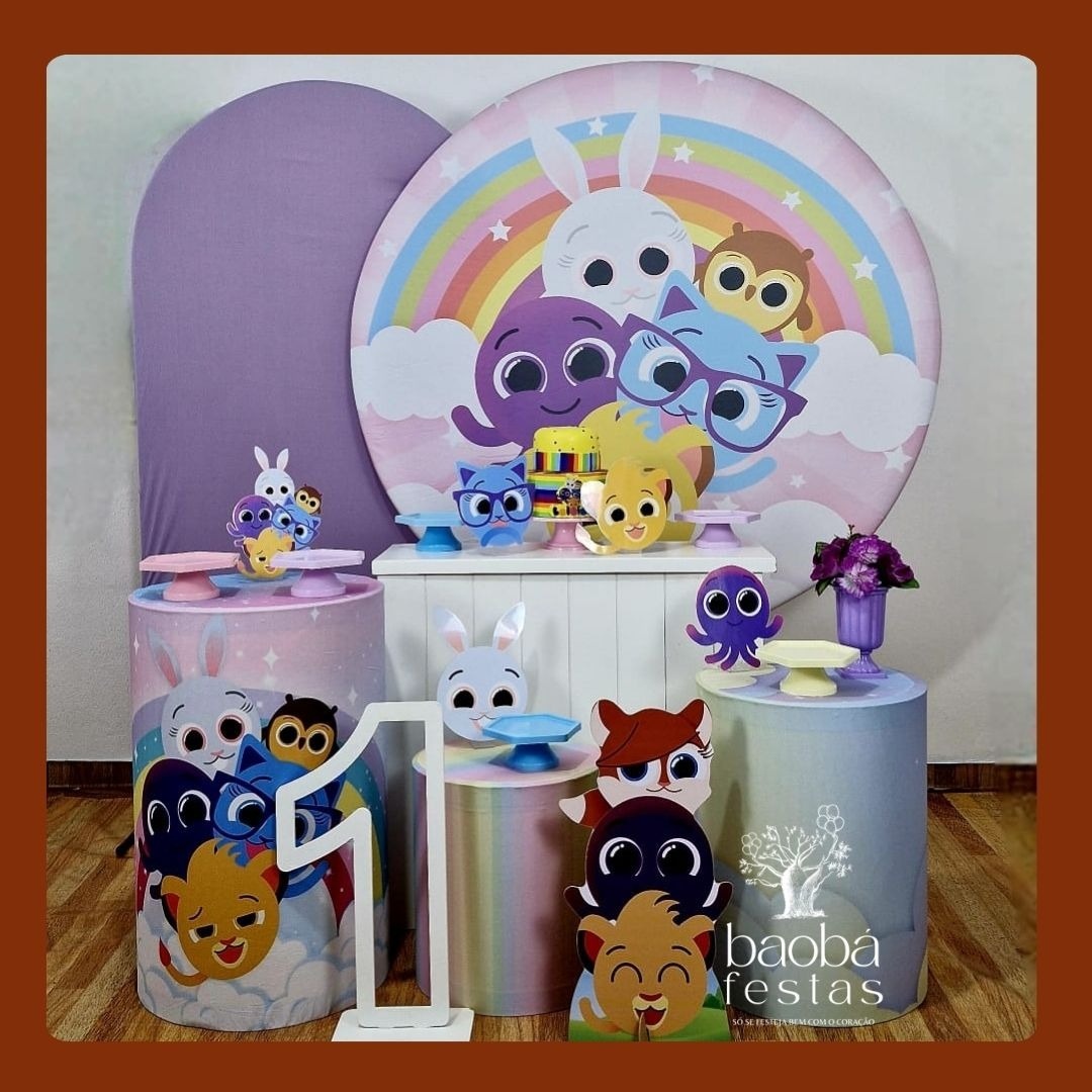 Kit Luxo - Bolo Fofos Rosa + Totem de Chão + Idade Em Mdf - Baobafestas